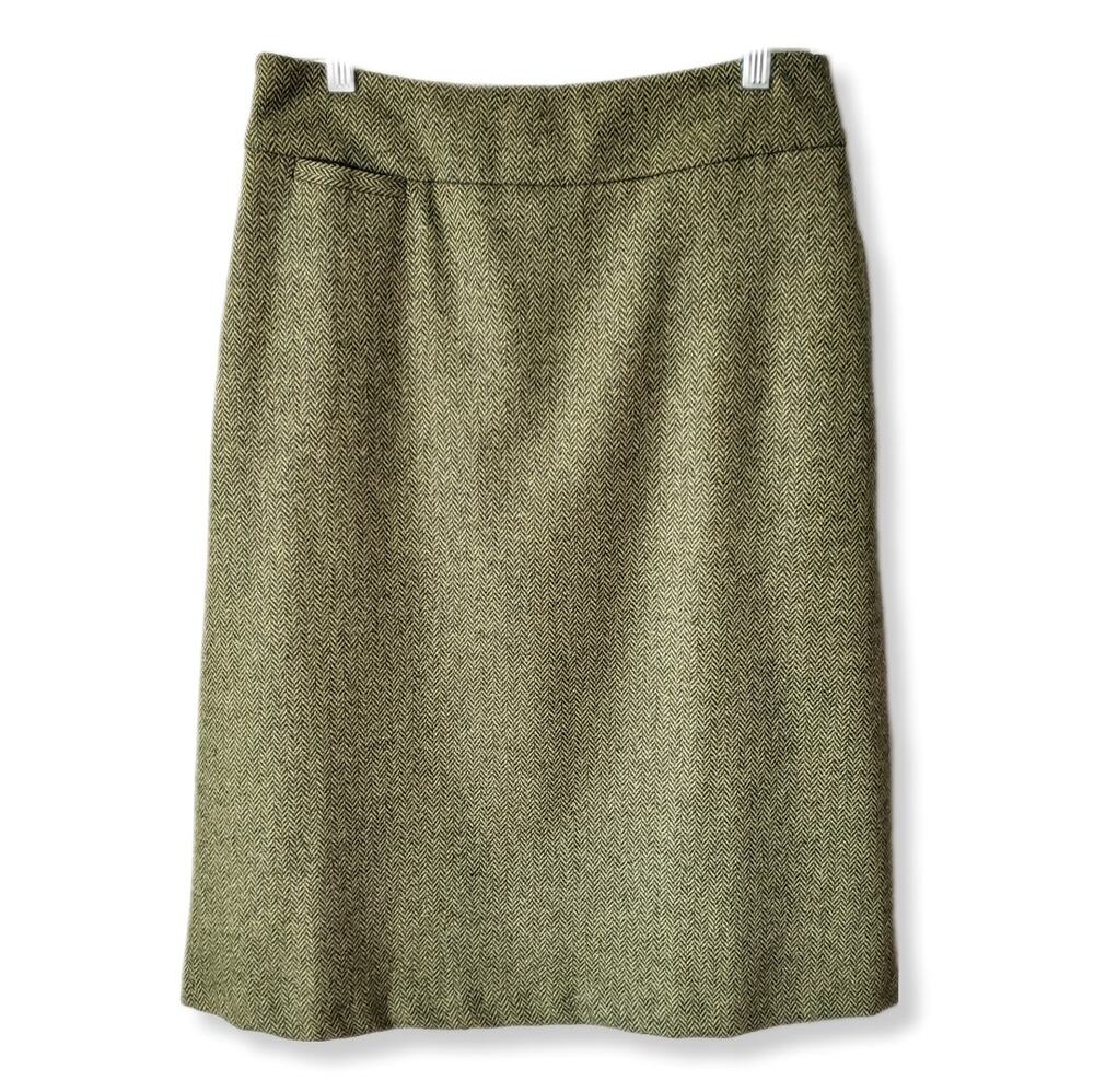 Lands End Green Tweed Pencil Skirt 4 Neutral Classic Preppy Scandi Old Money NEW